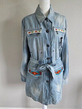 Double D Ranch Western Denim Jacket Beaded Embroidery Zip Button Faded Women L